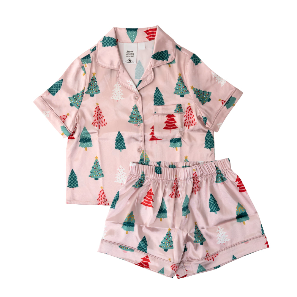 Kids Satin Christmas PJ Set - Size 2-3 years - PINK O CHRISTMAS TREE